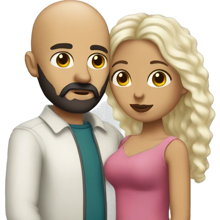 White (bald man) with (dark beard) kissing short (Mexican woman) with (long dark wavy hair) emoji