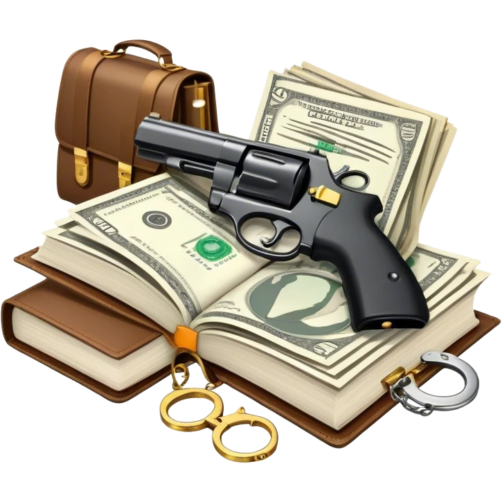 Icon for Action & Crime Reading: open book, with a silhouette of a gun, a bag of money, and a police badge on the pages. Surrounding elements include a pair of handcuffs, a briefcase, and scattered bullet casings. Transparent background. emoji