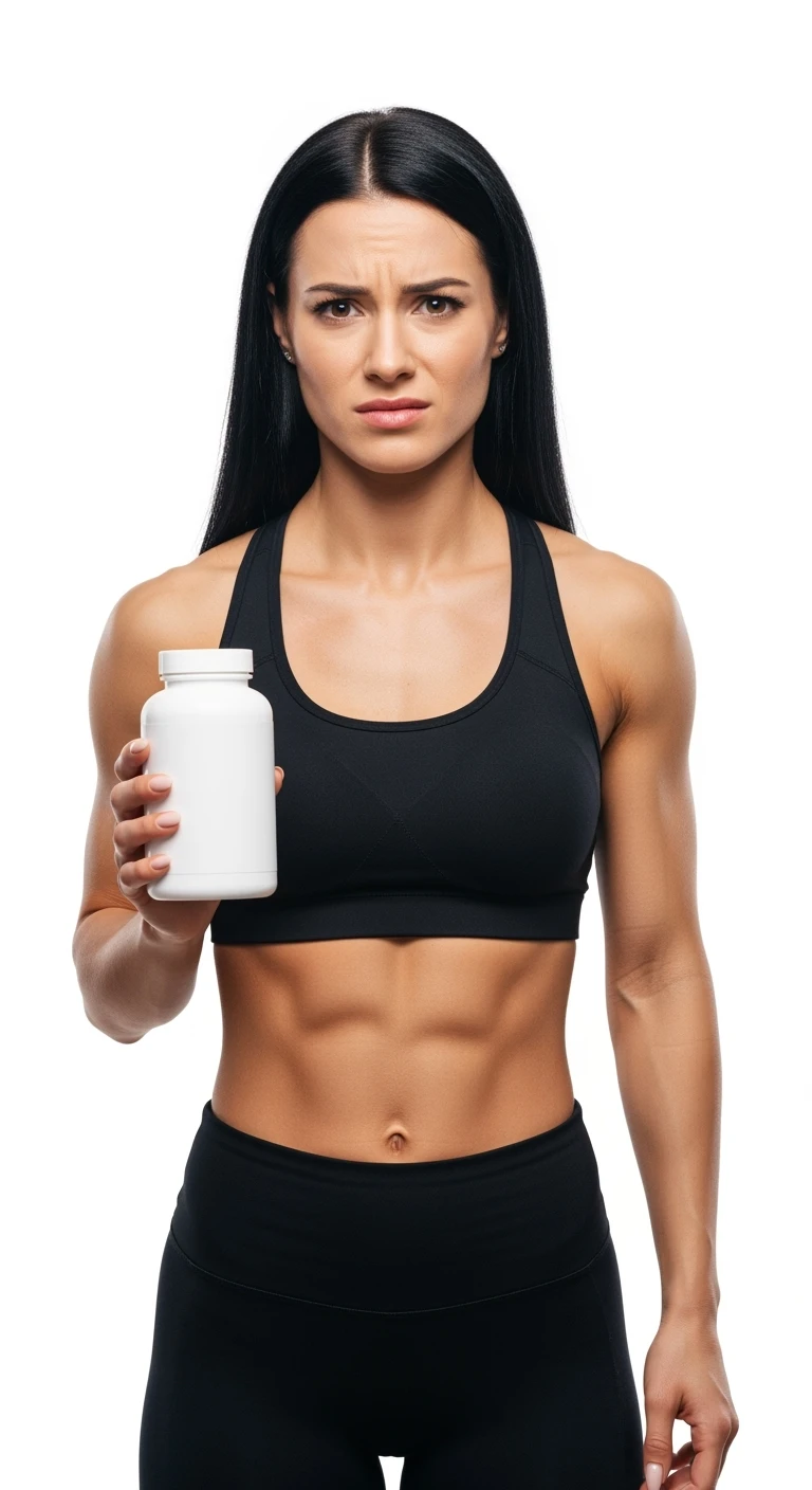 DONNA FITNESS ITALIANA CON BOCCETTA DI INTEGRATORE BIANCA  IN MANO ED ESPRESSIONE DUBBIOSA IN VOLTO, REALISTICA 4K, ISOLATA SU SFONDO BIANCO emoji