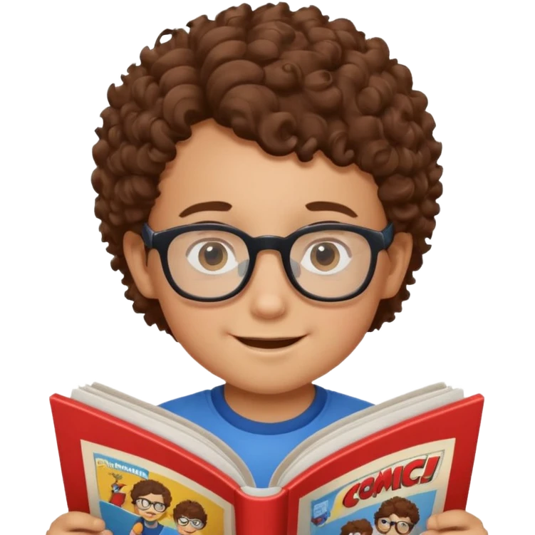 little boy with brown curly hair, wearing glasses, reading comic book emoji