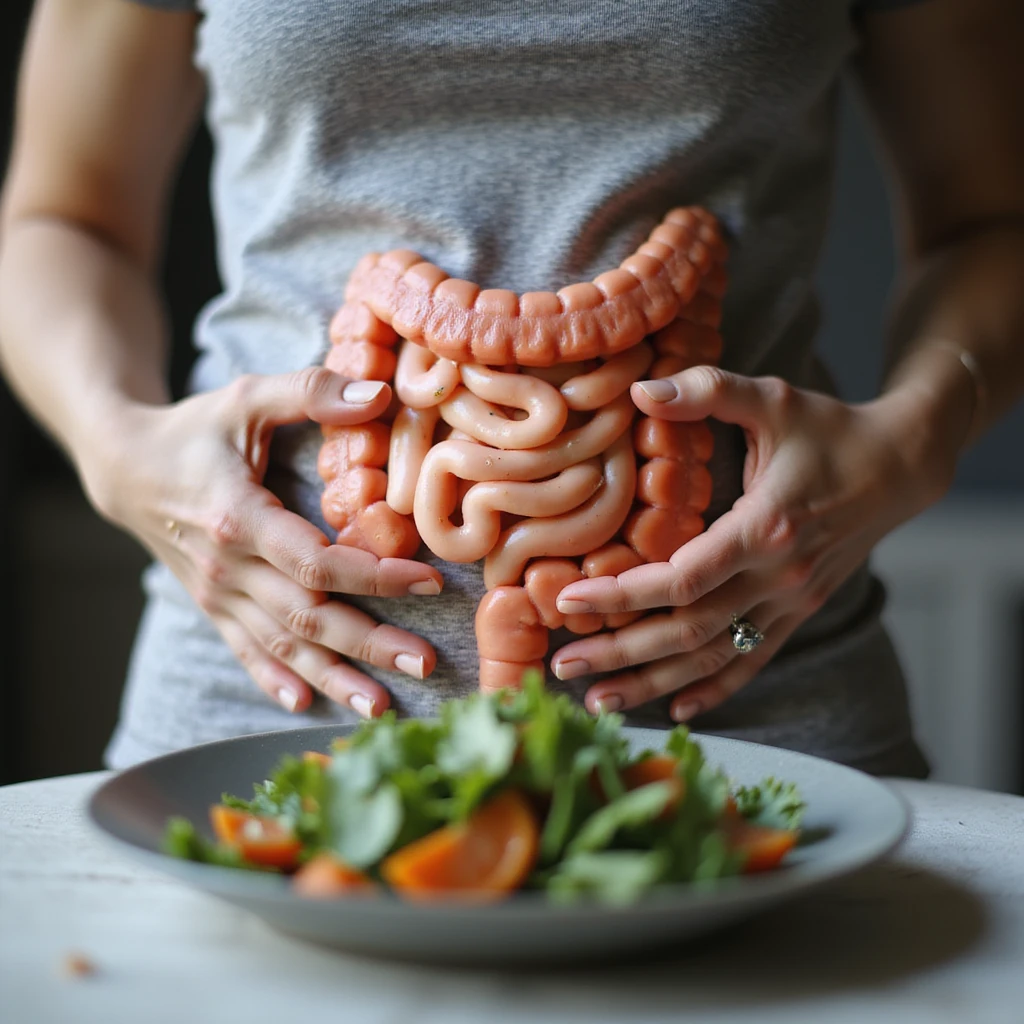 adult woman, photorealistic, on a diet to fix intestines, painful expression, hands on abdomen, healthy food plate in front, visual focus on intestines highlighted or transparent, natural light, kitchen background emoji