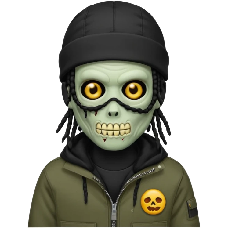 a zombie emoji with black dreads and a black carheartt jacket and black nike ski mask on his head emoji