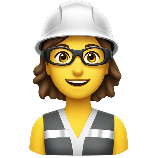 Caucasian woman with brown hair wearing a safety helmet, yellow safety vest, safety glasses and earplugs emoji