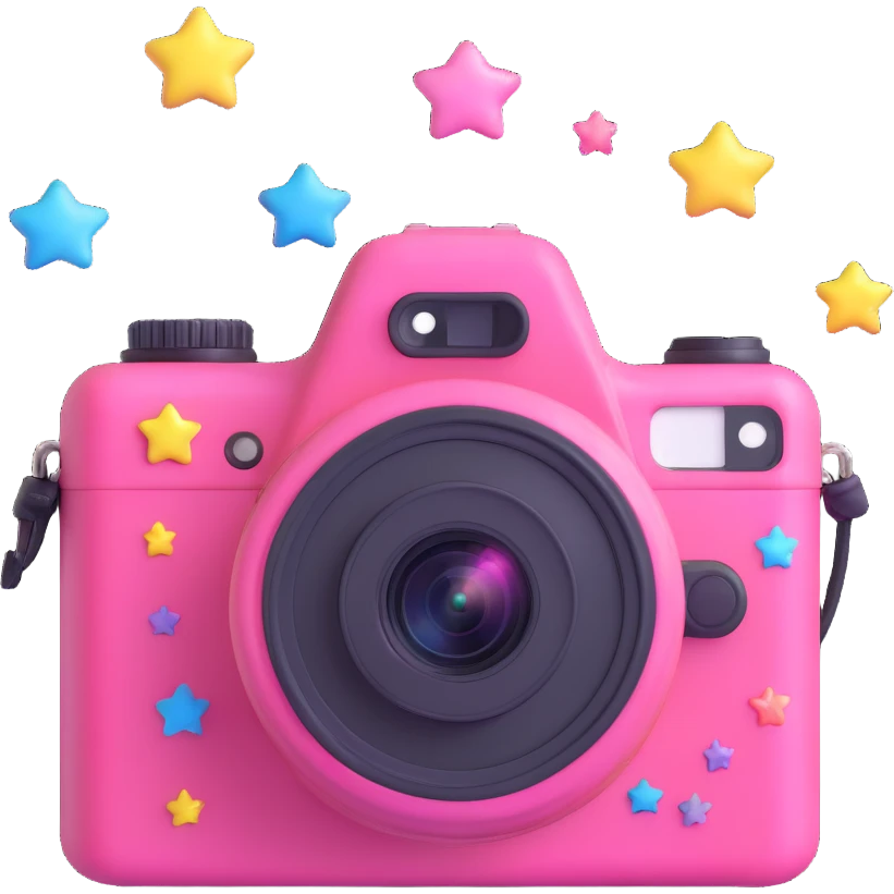 Enhance the 3D iOS style pink camera by adding extra kawaii details: cute stickers including stars, tiny pastel hearts, a small rainbow, and a smiling face on the lens. Maintain the playful and adorable look with glossy highlights and soft shading. emoji
