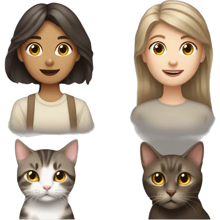 A dark brown haired girl and a gray and beige tabby cat emoji