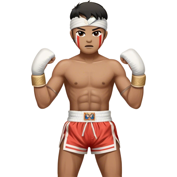 ​Cinematic Realistic Traditional Muay Thai Fighter such as Buakaw Banchamek, depicted in authentic attire featuring white bandaged gloves wrapped around his fists, a traditional headband tied neatly, and classic Muay Thai shorts, captured in a dynamic fighting stance under dramatic, high-energy lighting that highlights the raw power and elegance of the art, emoji