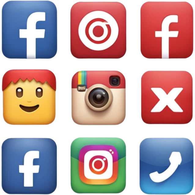 Socail media sauare emoji style icons 
Creat the quadrant with the logos of F.B, X, Trustpilot, Instagram, Youtube, Linkedineach icon is ther only ones, asme size, only icons of the social media that I mentioned only 6 icons emoji