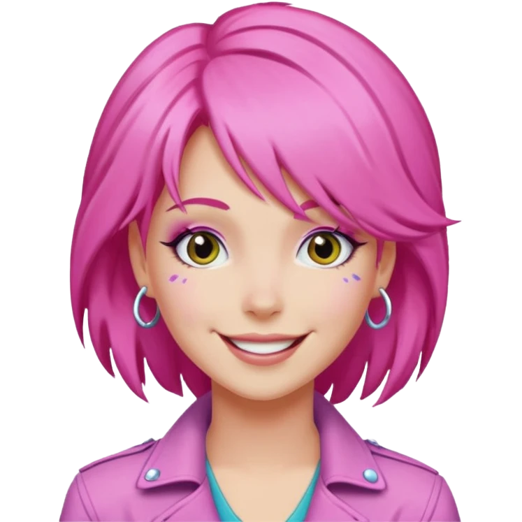 simple emoji of Jem from Jem and the Holograms, classic pink hair, smiling face emoji