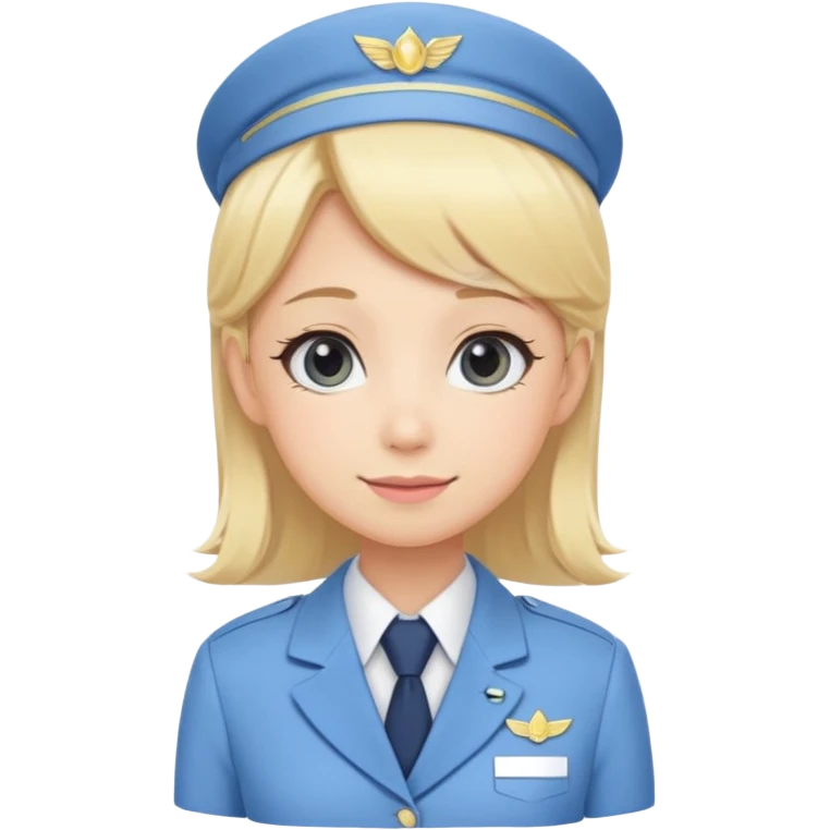 Cute emoji-style Japanese flight attendant, blonde hair, pastel blue airline uniform, kawaii cartoon style, big eyes, simple clean lineart, pastel colors, chibi proportions, friendly smile, sticker/emoji, transparent background emoji