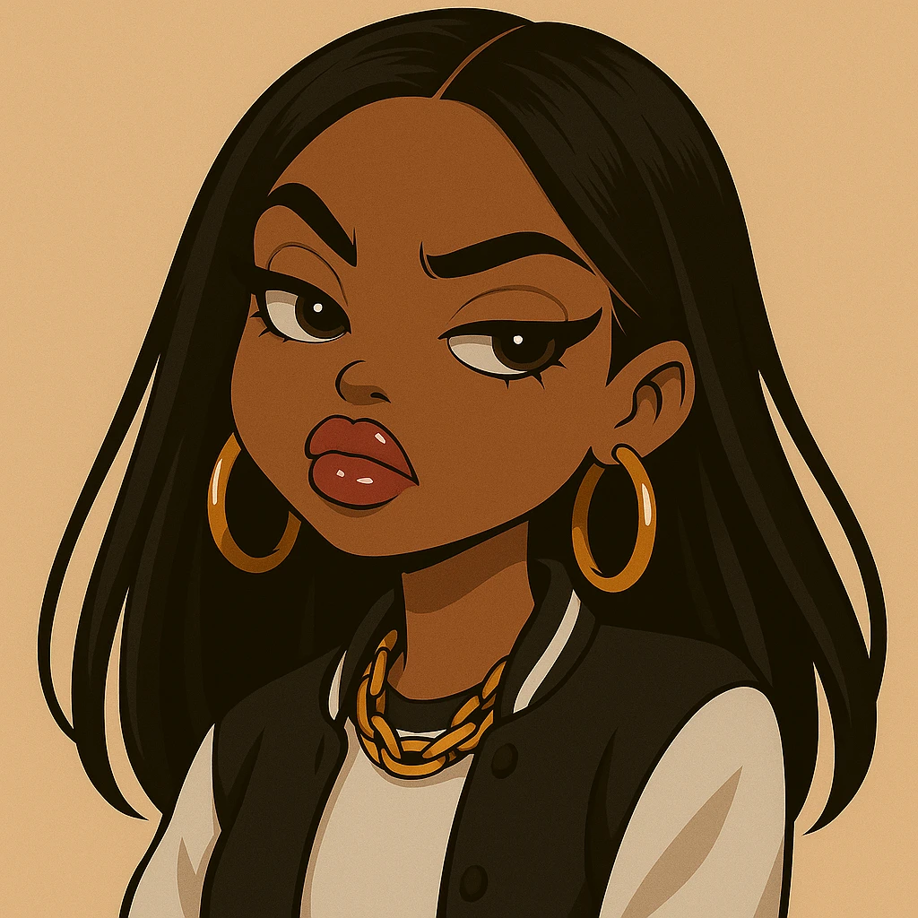 Headshot only of a 20-year-old anime Bratz style woman with dark skin and straight hair, wearing trendy streetwear. She has big expressive eyes, glossy lips, no hat, no tears, and a confident, aloof expression with a snooty attitude and her nose turned up. emoji