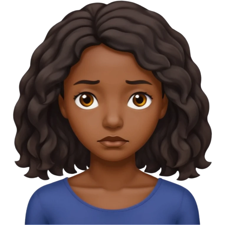 Sad face dark brown skin color black women wavy hair shoulder length small eyes emoji
