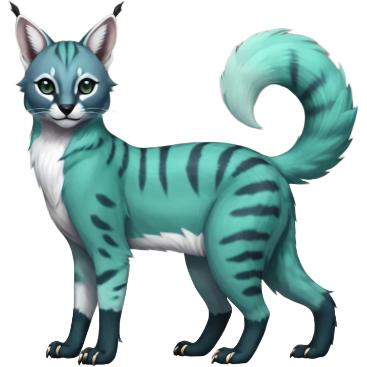 Colorful dark tropical pale light jade-green, mint-blue, whitish pastel white glorious divine exotic cute cool beautiful shiny beautiful fantasy-caracal-civet-genet-sergal-vernid-Gryphon-Cacomistle-Trico-oncilla-animal-Fakémon-hybrid-fursona (full body) emoji