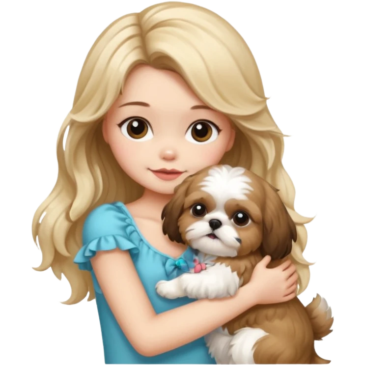 a girl with long, wavy brunette hair hugging a Shih Tzu with blonde fur and a cute bow emoji