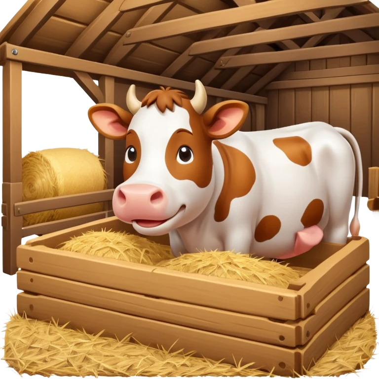 cute cow feeding scene inside a cow barn, wooden stable, hay bales, feeding trough, happy cow eating hay, warm farm lighting, 3D cartoon, mobile game icon style, clean background, no text, no watermark
 emoji