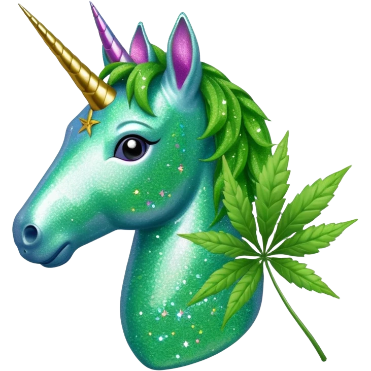  a Glitter unicorn with a Weed leaf emoji