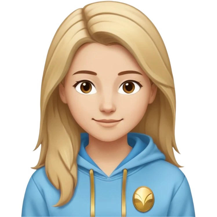Caucasian female with oval face, straight brown-blonde mixed hair (more brown) with side part, serene smile, light blue sporty hoodie with gold and white fantasy details emoji
