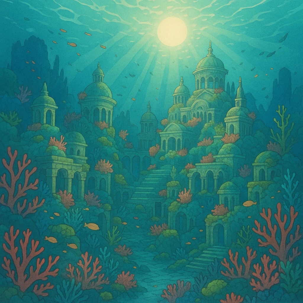 ghibli style Atlantis, mystical sunken city with coral and sea life emoji