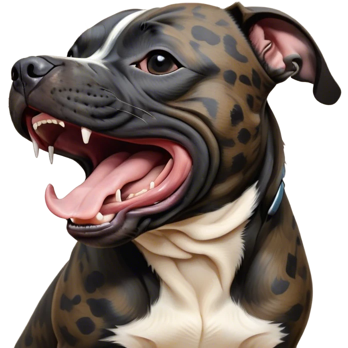 Cinematic Cute Yawning Black/Brindle Staffordshire Bull Terrier Portrait Emoji, Head tilted slightly with a dramatic, wide-open yawn, showcasing a smooth Fur with a striking black and brindle pattern, floppy ears slightly drooping, round dark eyes barely open in drowsy contentment, Simplified yet irresistibly adorable features, highly detailed, glowing with a soft, cozy glow, high shine, relaxed yet expressive, stylized with a touch of whimsy, bright and endearing, soft glowing outline, capturing the essence of a sleepy yet affectionate guardian, so drowsy it feels like it could stretch right out of the screen and curl up for a nap! emoji