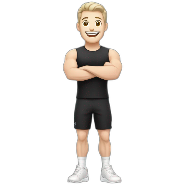 Joyful Celebrating victory Pale skinned Fit Man With the biceps and dark brown hair in black shirt, gray sports shorts and white Sneakers emoji