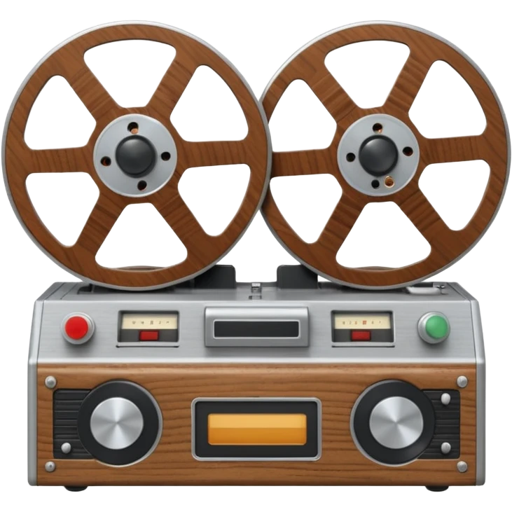 3D render of Reel-to-Reel, vintage 1980s audio equipment aesthetic, tactile analog buttons, silver metallic face with two large brown magnetic tape wheels, mixed wood grain and brushed aluminum textures, Apple emoji style, isolated on white background --v 6.0 emoji