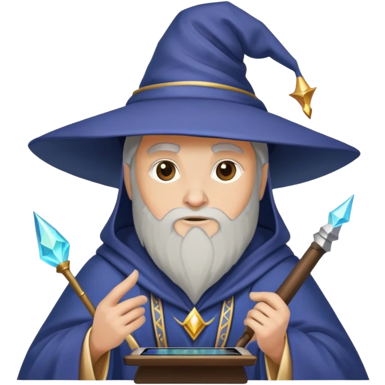 A wizard with a pointed hat and robe using a computer, tech wizard emoji