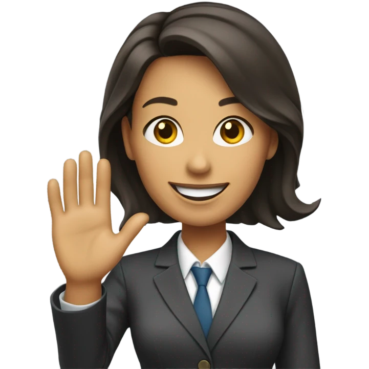 a brunet woman in business suit waving with a nice smile emoji