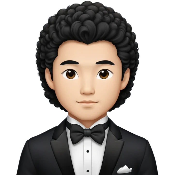 muscular asian dude rich in tuxedo with perm fluffy hair clean boy emoji