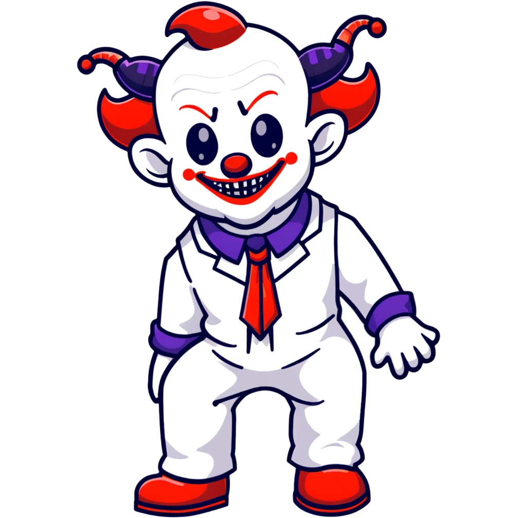 full-body demonic clown in a white leisure suit with bellbottom pants, bald, with black ram horns, wearing elevator shoes, cartoon sticker style emoji