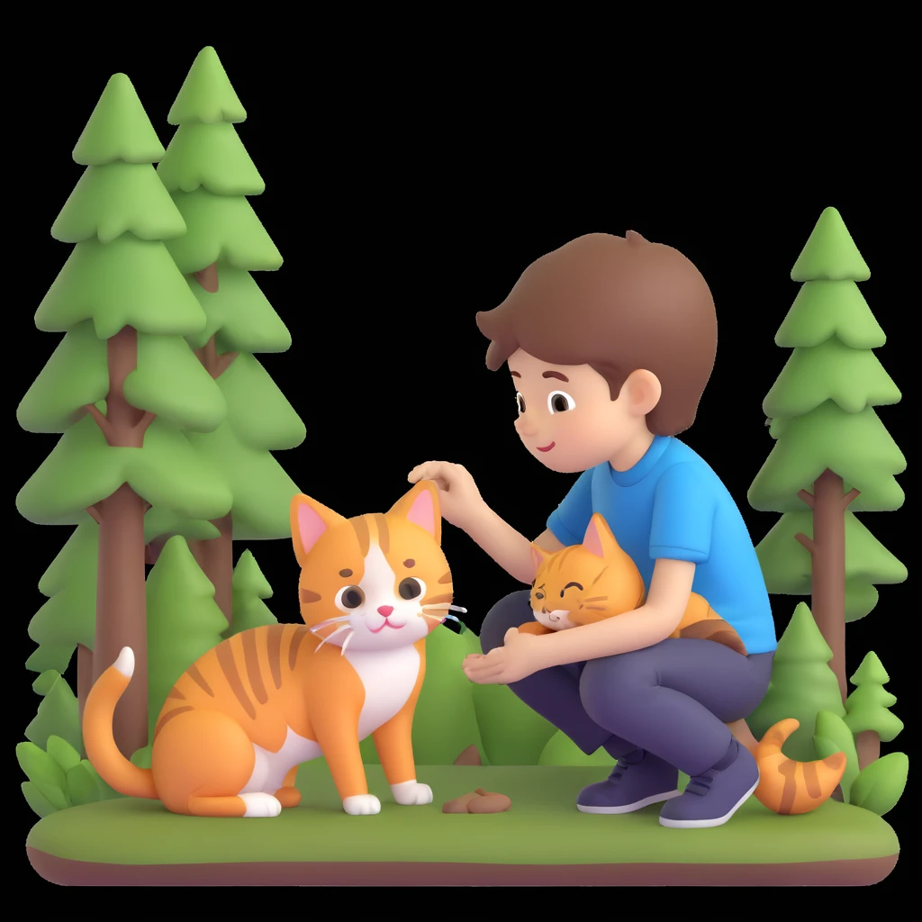 boy and cat pet in forrest background, close up pose emoji