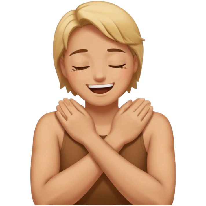 A person with their arms crossed over their neck with eyes closed laughing softly emoji