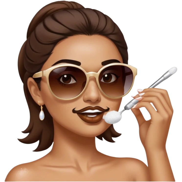 White woman with brown hair posing as salt bae with sunglasses. She is sprinkling salt on top of some makeup emoji
