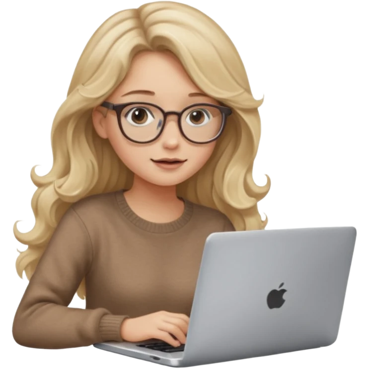 blonde girl with long dark blonde wavy hair, pantos-style glasses, a brown sweater, sitting with a laptop, looking in laptop, soft pastel, upper body shot emoji