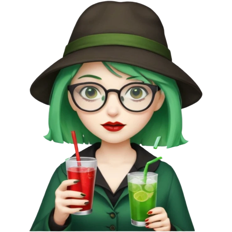 vampire green hair Drink holders with hat, wearing glasses, female emoji