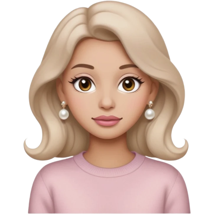“Emoji girl, soft matte skin, neutral taupe eyeshadow, light rose lips, subtle contour, pearl earrings, loose waves, wearing cream cashmere sweater.” emoji