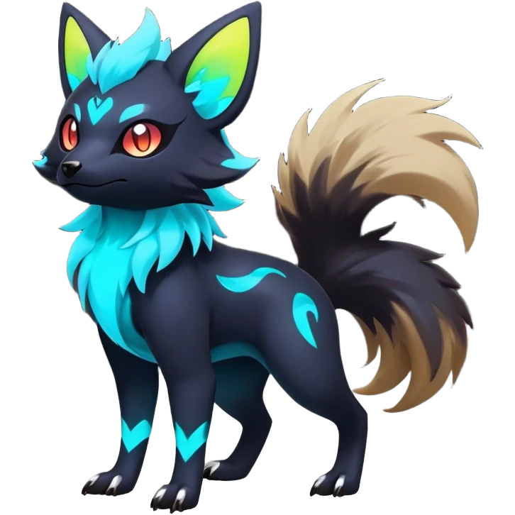 Rare realistic dark-neon glowing bioluminescent edgy badass epic pretty beautiful handsome gorgeous aesthetic colorful vibrant Vernid-Trico-Zorua-hybrid-species-Fakemon-creature by LiLaiRa, 4 legs, 1 tail, random markings, (full body) emoji