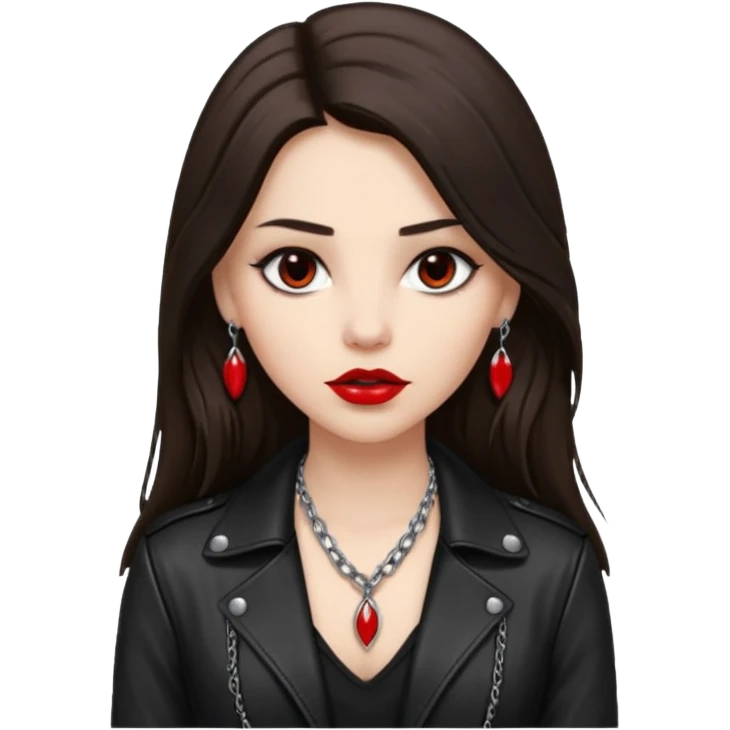 brunette with very long hair in black cuir jacket with red lips and very dark brown eyes and white shirt and mysterious necklace without ear piercing emoji