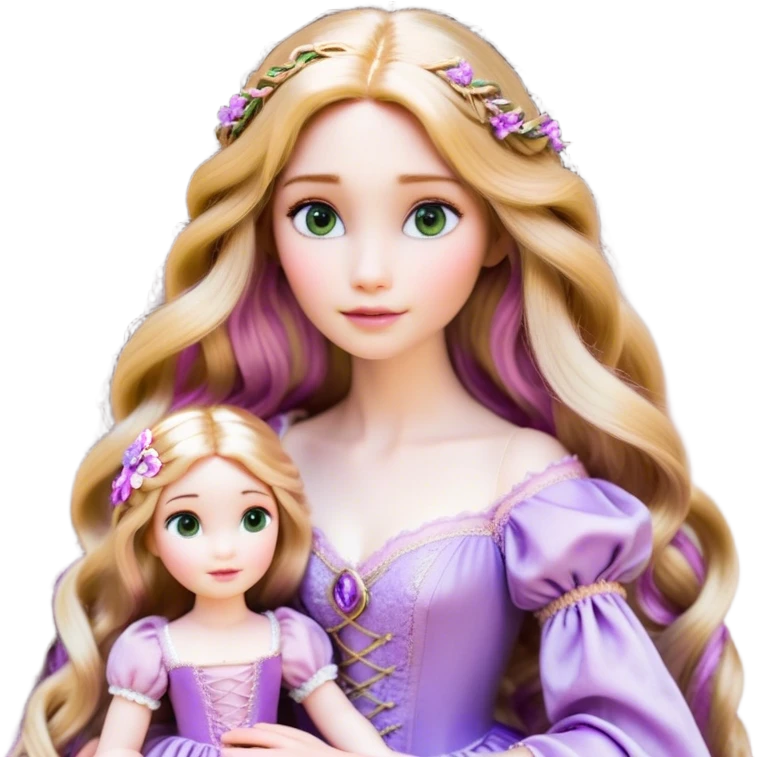 Cinematic Realistic Rapunzel Portrait, with porcelain-like skin featuring a subtle, natural glow, illuminated by soft lighting that brings out the gentle contours of her face. Her long, golden blonde hair cascades in detailed waves, each strand highlighted with a radiant shimmer as it catches the light. Her bright, expressive green eyes exude curiosity and warmth, framed by delicate lashes and soft, arched brows. Her expression is playful and vibrant, with a gentle smile. She is dressed in her classic lavender and pink gown, the fabric textured with delicate folds that flow naturally, catching the light with a soft, radiant glow. The portrait captures a luminous, enchanting aura, seamlessly blending realism with a whimsical, fairytale charm, evoking a timeless sense of beauty and magic. emoji