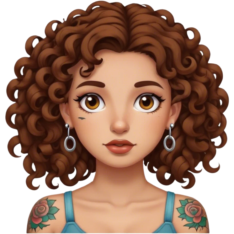 Girl with tattoos and earrings with curly brown  emoji
