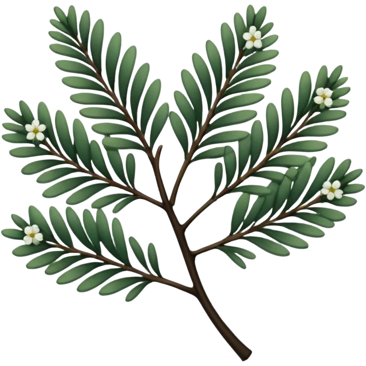 green pine leaves, small flowers, thin ebony branches, dull colored filigree design emoji