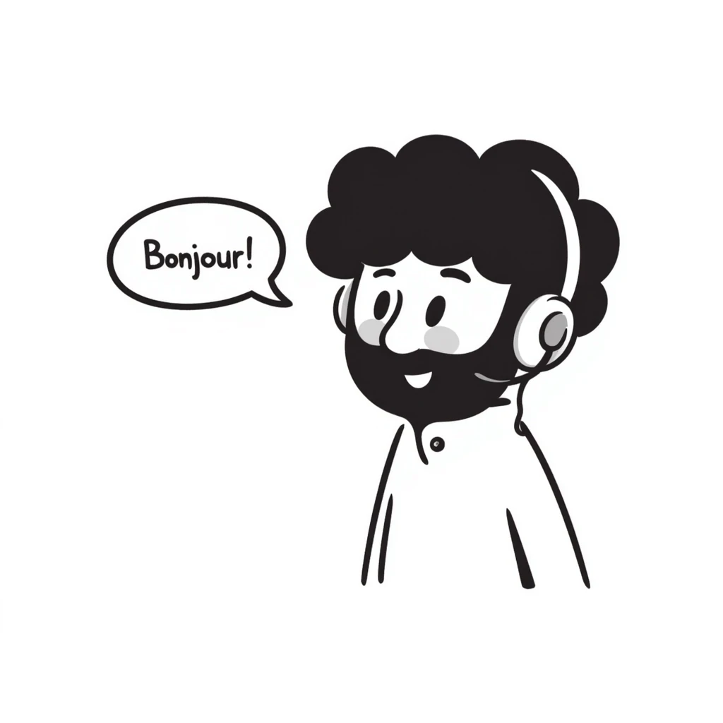 Anime-style character saying "Bonjour!", with black hair, brown eyes, black beard, wearing gaming headphones, Japanese animation style emoji