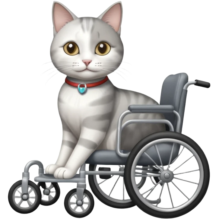 disabled grey and white cat using cat physio wheelchair emoji