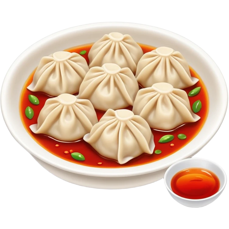 Chengdu Zhong dumplings with red oil sauce, simplified emoji style with bold outlines and bright colors, cartoon style Sichuan spicy water dumplings emoji