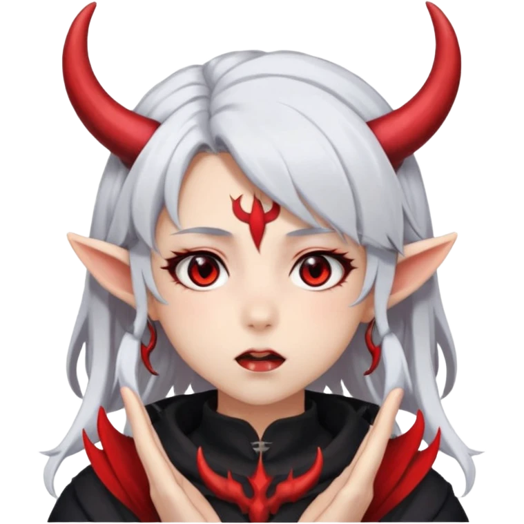 Dark style anime girl with white hair and red eyes, with horns on her head . There is an emotion of inhalation on the face emoji