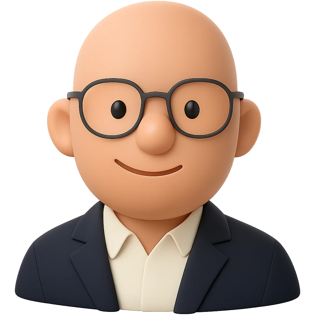 Replace the reflective sunglasses with normal clear prescription glasses on the portrait. Keep the professional look with a collared shirt, blazer, and a confident, approachable expression. Maintain the Microsoft 3D Fluent emoji style. Transparent background. emoji