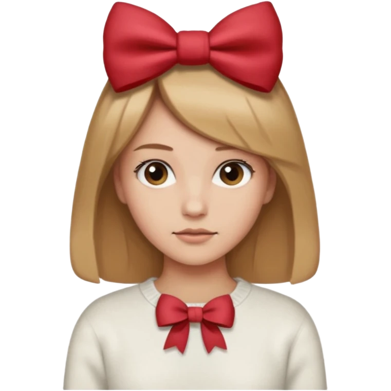 Pelo color marron claro acercándose a el rubio,suéter blanco con un moño marron, piel normal clara,y un mini moñito en la cabeza marron emoji