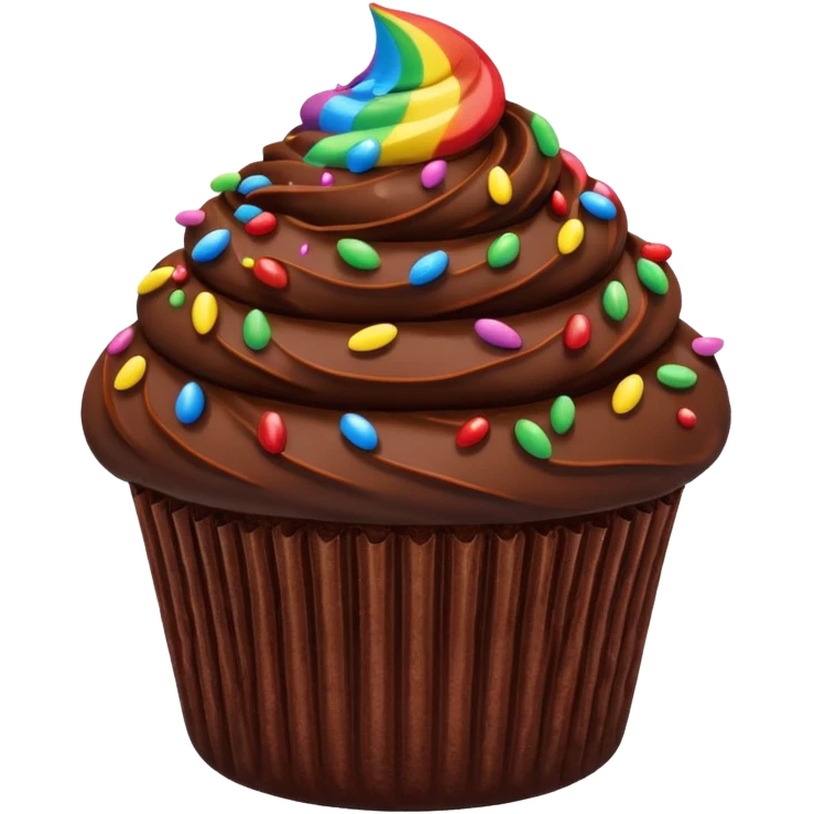 chocolate cupcake with chocolate frosting and rainbow sprinkles emoji