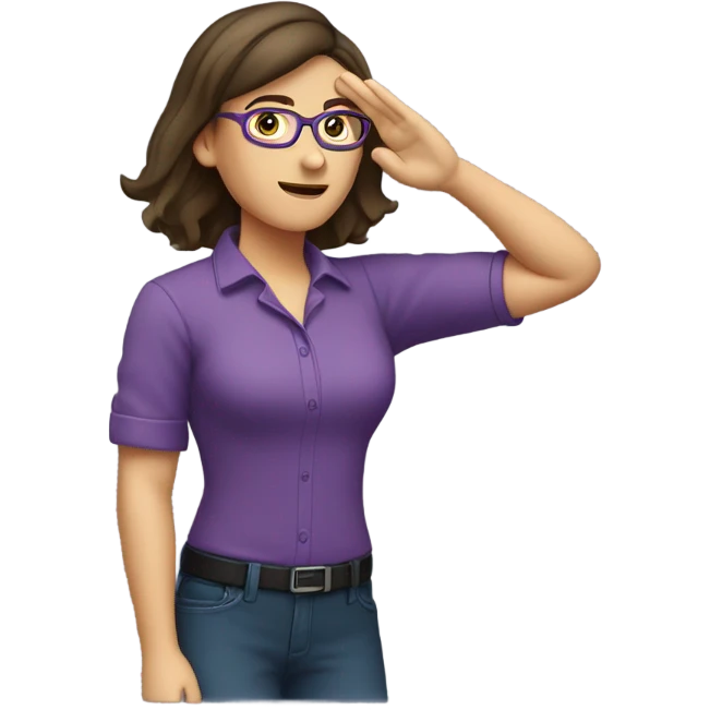 a caucasian brunette female, wearing a purple shirt and glasses, making the military salute gesture with her hand next to her head emoji