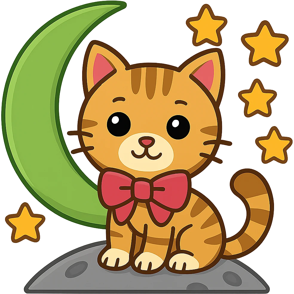 Add small yellow stars around the green moon, keep the tabby cat with pink bow, in emoji style with no background. emoji