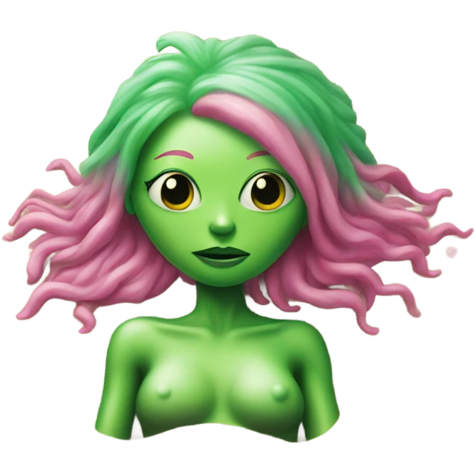 a green alien woman pink air, laying on the beach emoji