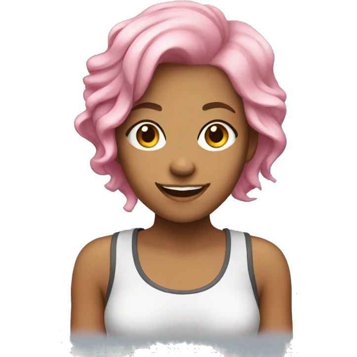 young woman, pink hair, smiling,and is a freelancer. emoji